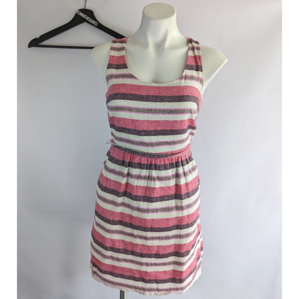 Loft Linen Pink Stripe Fit and Flare Keyhole back Dress Sz 2